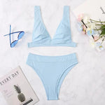 2023 New Sexy V-Neck Ribbed Bikini High Waist Swimsuit Women Solid Push Up Swimwear Female Bathing Suit Bikini Set Beachwear