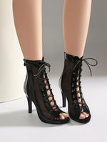 Plus Size Women Patent Leather Mesh Spliced Ankle Boots Back Zipper Peep Toe Lace Up Stiletto High Heels Hollow Out Summer Booti