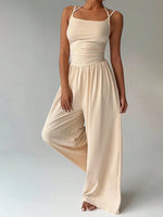 Women's Casual Solid Color Pleating Loose Straight Jumpsuit A-line Backless Halter Neck Slim Cami Jumpsuit Streetwear 2025
