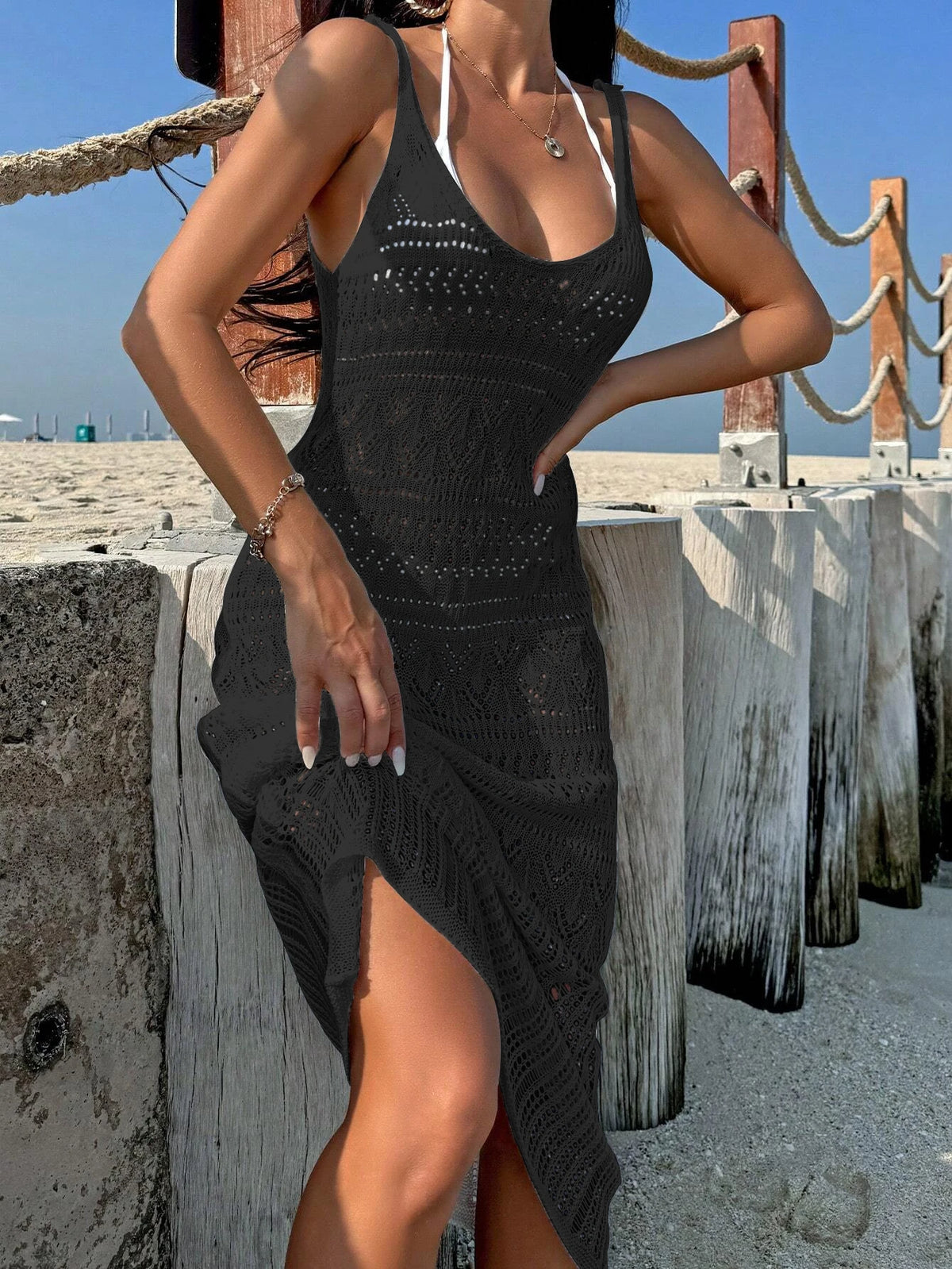 Elegant Temperament Women's Fashion Hollow Out Maxi Dress Cover up Skirt Suspender Skirt Showing Body Waistline Free Bikini