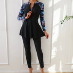 Muslim Swimwear Burkini Sets for Women Black Floral Print Zipper Long Sleeve Top Long Panties Sports Swimsuit Bathing Suit