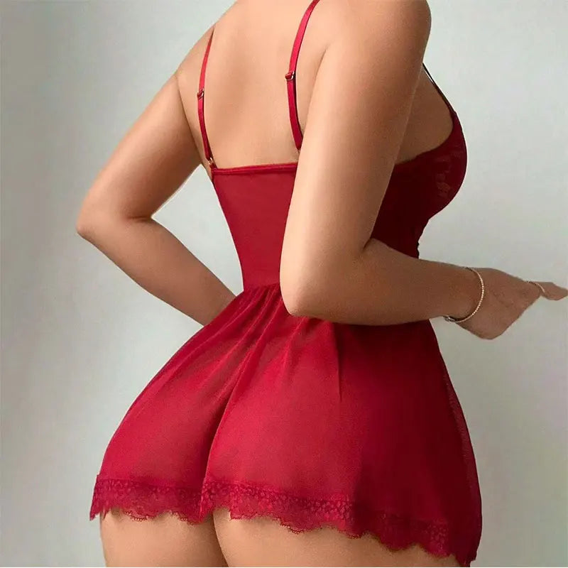 New Sexy Lingerie For Woman Women Lace Hollow Bodysuit Baby Doll Garters Dress TransparentDeep V Open Bra And Panty Underwear