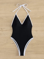Sexy Deep V Neck One Piece Swimsuit 2025 Women Black Contrast Push Up Backless Slim Tummy Control Swimwear Beach Pool Bather