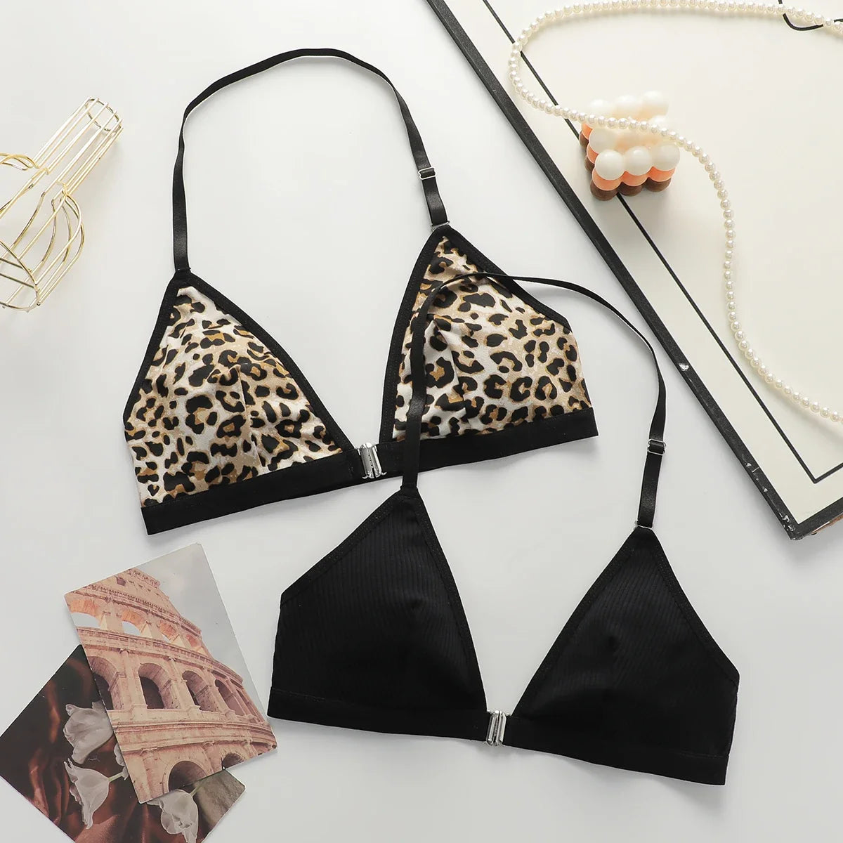 Leopard print black 2-piece set without steel rim or chest cushion women underwear with sexy straps girls' bra Lingerie MR3475