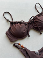 Sexy Coffee Bikini Set Women Front Tie Pleate Push Up Underwire Bra Beaded String Thong Swimsuit 2026 Bathing Suit Pool Swimwear