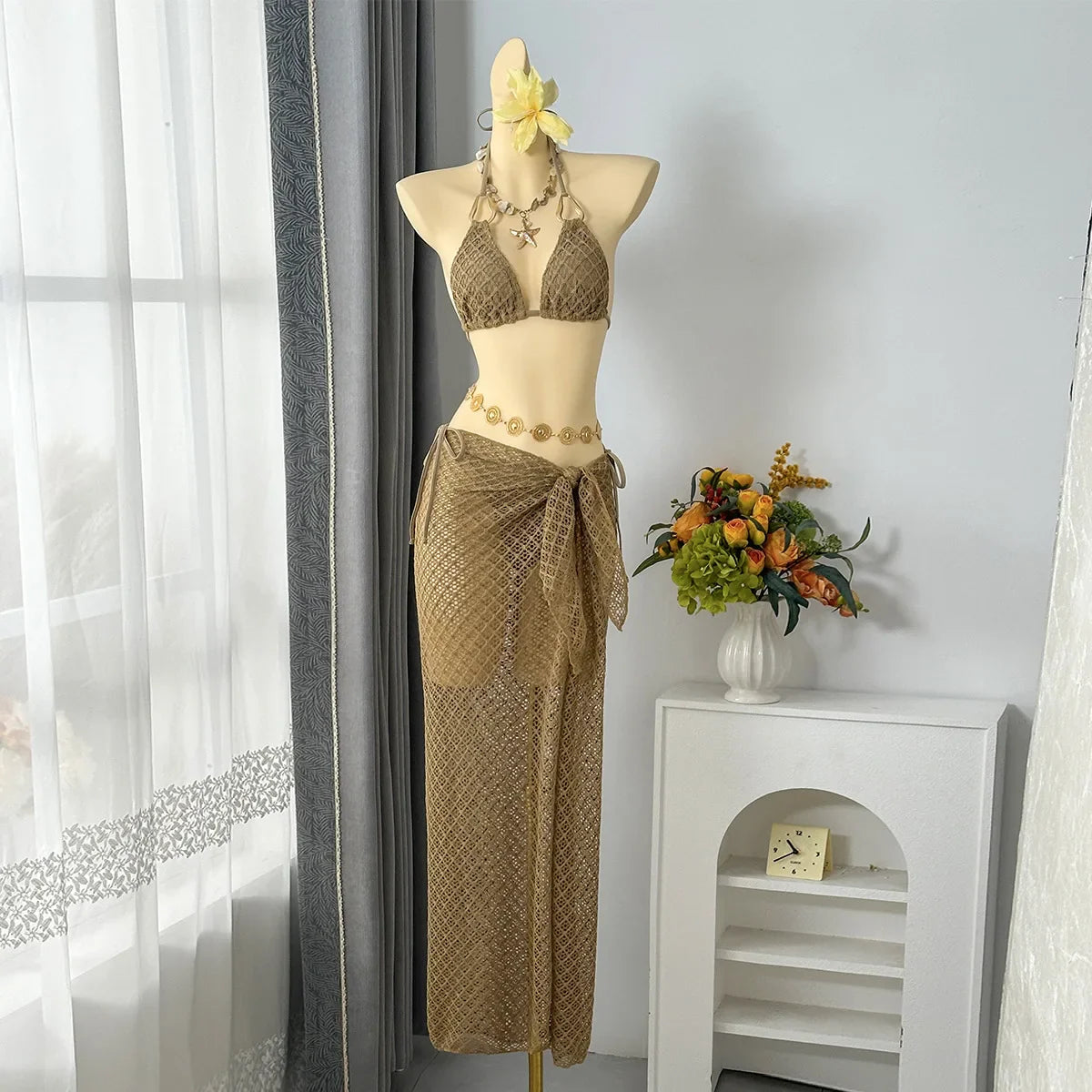 Vintage Beige Black Mesh Skirt 3 Piece Bikini Set 2026 Women Metal Chain Strap Push Up Bra Swimsuit Beach Bathing Suit Swimwear