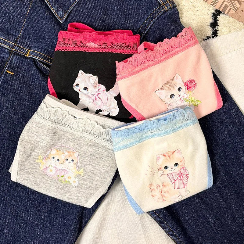 Cotton Girls Panties Cute Cat Sexy Japanese Lace Women Briefs Lady ThongUnderwear G String Female Low Waist Lingerie