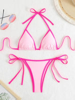 Sexy Micro Bikini 2025 Women Pink Blue Contrast Push Up Tie Side Thong Swimsuit Brazilian Beach Bandage Bathing Suit Swimwear
