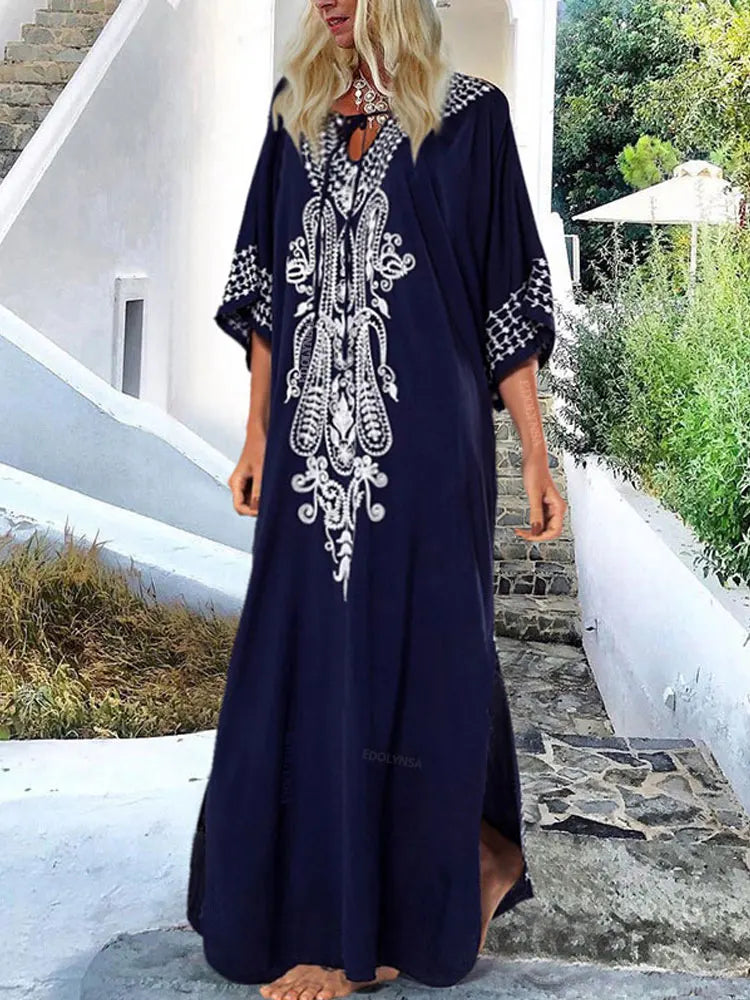 2026 Indie Folk Embroidered Short Sleeve Summer Dress Cotton Tunic Beach Kaftan Women Beachwear Swimsuit Cover Up Robe de plage