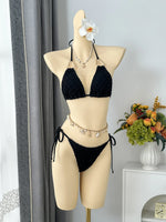 Vintage Beige Black Mesh Skirt 3 Piece Bikini Set 2026 Women Metal Chain Strap Push Up Bra Swimsuit Beach Bathing Suit Swimwear