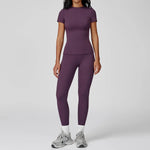 New Yoga Set Two Piece Women Short Sleeve Top with High Waist Leggings Seamless Workout Clothes Patchwork Sport Fitness Gym Sets