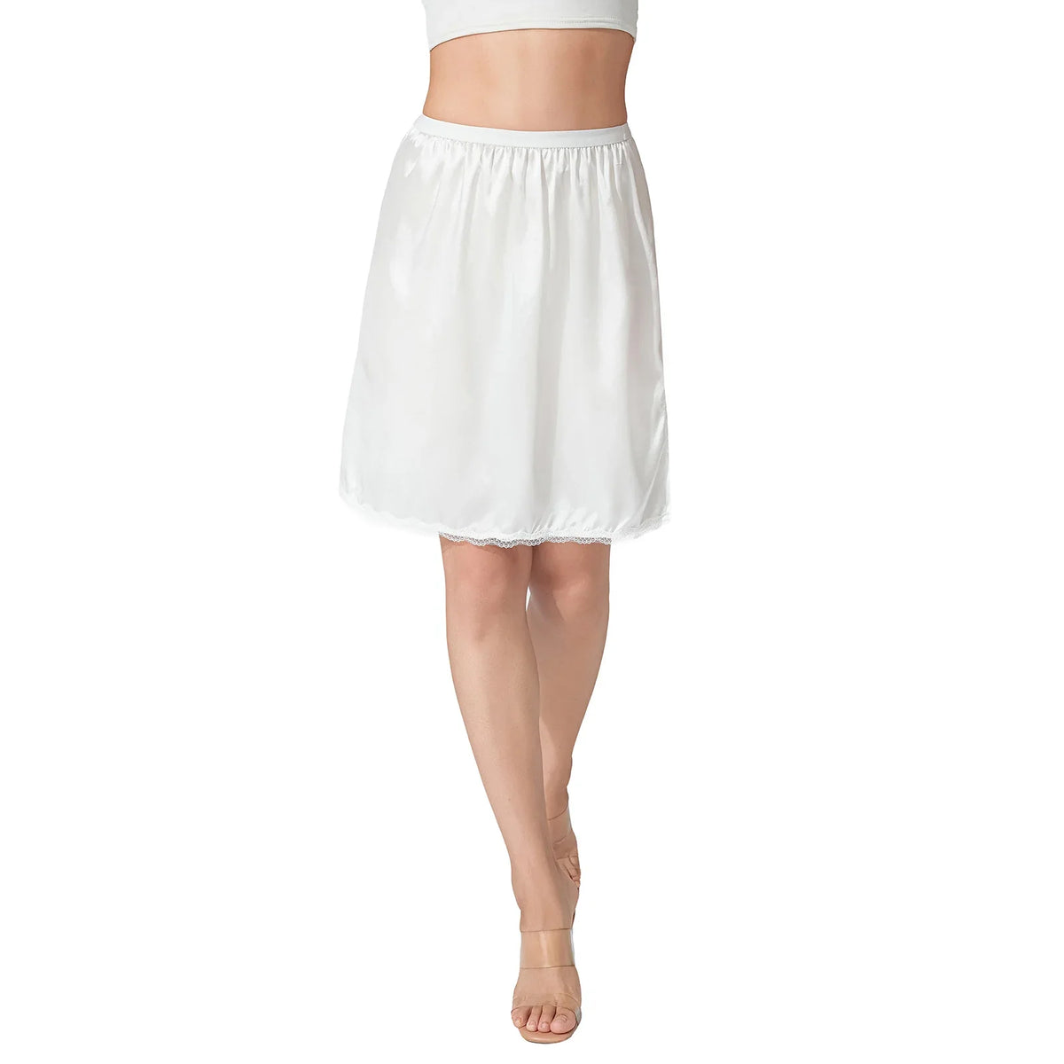 Women's Solid Color Skirts Elastic Waist Satin Underskirt Lace Trim Skirt for Under Dresses Black/White