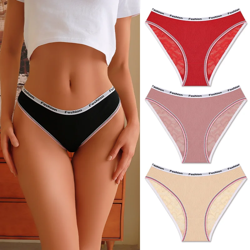 3Pcs/Set Women's Cotton Lace Panties V-Waist Sexy Sport Low Waist Briefs S-XL Comfortable Underwear Female Soft Color Underpants