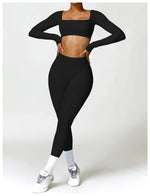 Hearuisavy Summer Casual Quick Dry Sportswear Women Square Neck Gym Top Women Fitness Sports Crop Top Long Sleeve Yoga Clothing