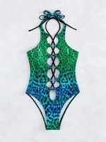 Sexy Hollow Out One Piece Swimsuit 2025 Women Blue Leopard Print Gradient Bandage Backless Bikini Bathing Suit Thong Swimwear