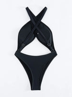 Sexy Black Red One Piece Swimsuit Women Halter Cross Hollow Out Bikini 2025 Beach Bathing Suit Backless Bandage Thong Swimwear