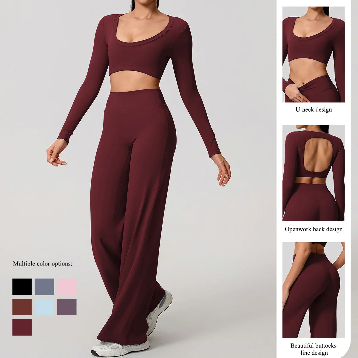 Hearuisavy Sports Set 2Pcs Women'sLong Sleeve Backless Fitted Fitness Top Push Up Pilates Yoga Top Wide Leg Straight Leg Pants