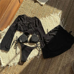 Beige Mesh Halter String Triangle Micro Thong Bikinis Sets 4 Pieces Long Sleeve Cover Ups Sexy Swimsuit Women Holiday Swimwear