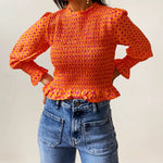 Women Fashionable Casual Round Neck Smocked Bubble 3/4 Sleeve Tops Summer Fall Plaid Print Ruffled T-shirts