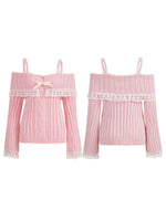 Women Long Sleeve Contrast Lace Knit Pullovers Autumn Winter Cold Shoulder Sweaters Bow Front Jumper Tops Beige/Pink