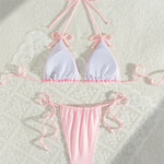 Pink Bow Swimwear String Halter Triangle Micro Bikini Thong Sexy Swimsuit Women Lace-up Wrinkled Bathing Suit Mini Bikinis Sets