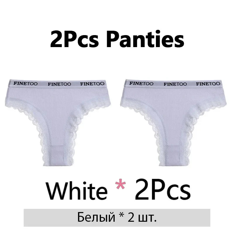 FINETOO 2Pcs/Set Women Cotton Brazilian Panties Plus Size M-2XL Lingerie Sexy Lace Underwear Low Rise Girls Intimates Underpants