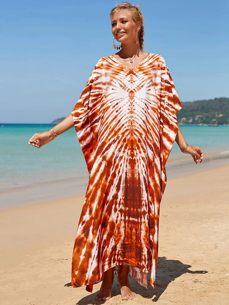 2025 Loose Boho Style Maxi Dress Print Face Swim Suit Cover-up Bohemian Dress Robe Plage Kaftan Maxi Dress Beach Wear Tunics
