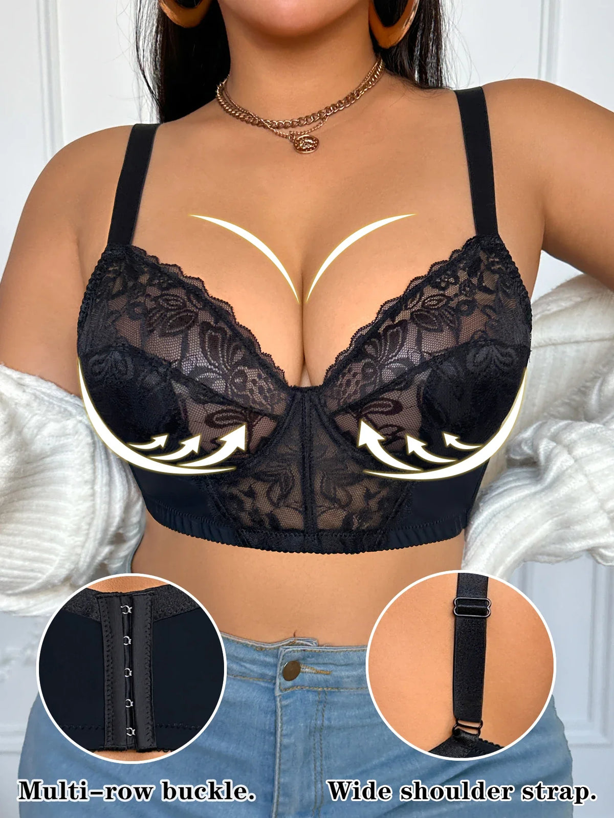 Sexy Women's Plus size Bra Thin cup Lace Splicing Underwire Bra Push-Up and Side Breast Unlined Breathable Women's Lingerie Bra