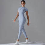 Naked zipper short sleeved yoga suit jumpsuit, quick drying breathable outdoor sports tight fitting jumpsuit, fitness suit