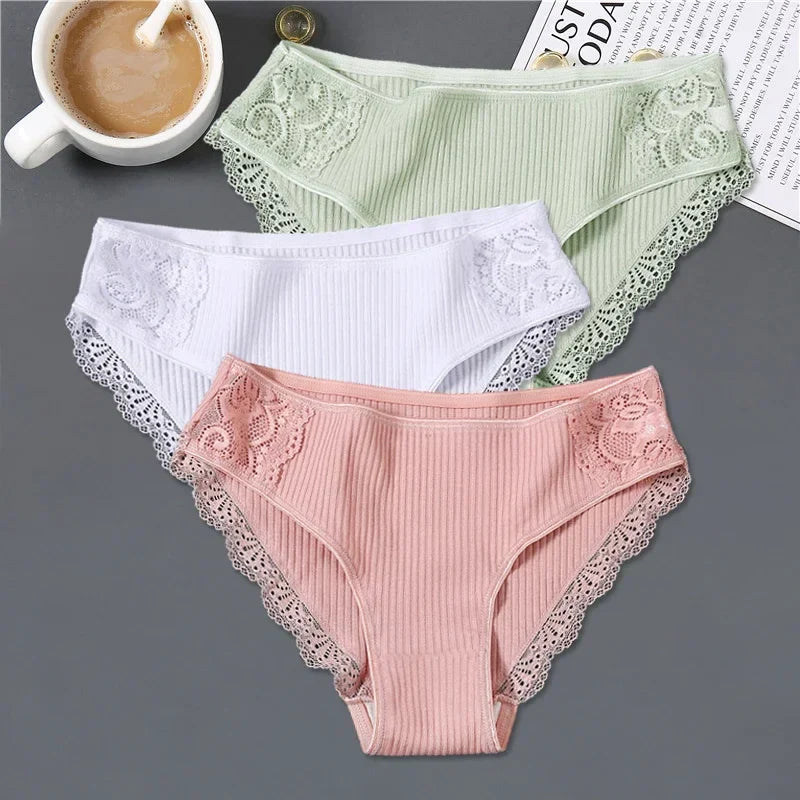 New 3Pcs/set Women's Cotton Panties M-2XL Women Patchwork Lace Underwear Sexy Low Waist Briefs Ladies Comfortable Underpants