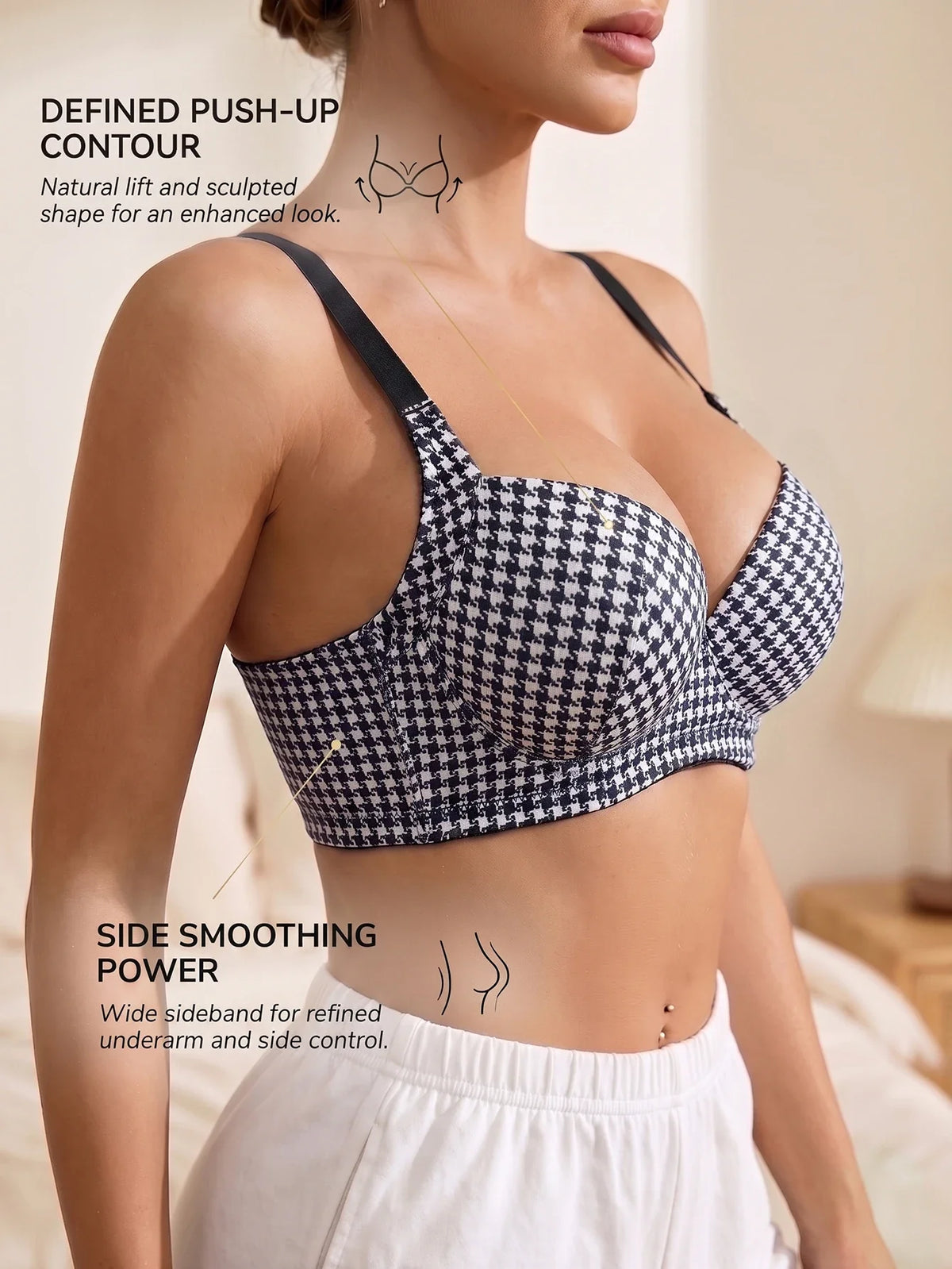 Women's Houndstooth Print Push-Up Bra Wide Elastic Straps Underwear Underwire Side Smoothing & Supportive Bra Women