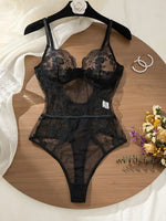 Black Lace Bodysuit with Floral Embroidery Sexy High-Waist Triangle Panties Strap Design Shapely Cutout to Highlight Women's Cur