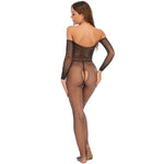 Sexy Hollow Fishnet Women Lingerie Erotic Crotchless Full Sleeve Bodystockings Hot Bling Rhinestone Perspective Teddy Bodysuits