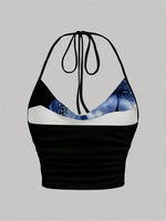 Tie-dye Print Halter Top for Women Summer Y2K Clothes Sexy Backless Drape V-neck Crop Top Streetwear