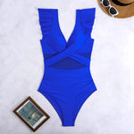 2026 Solid Women's Swimsuit Trend Tummy Control V Neck Sexy Black Bikini Ruched Bathing Suits Slim Fit Ruffle Sleeve Swimwear