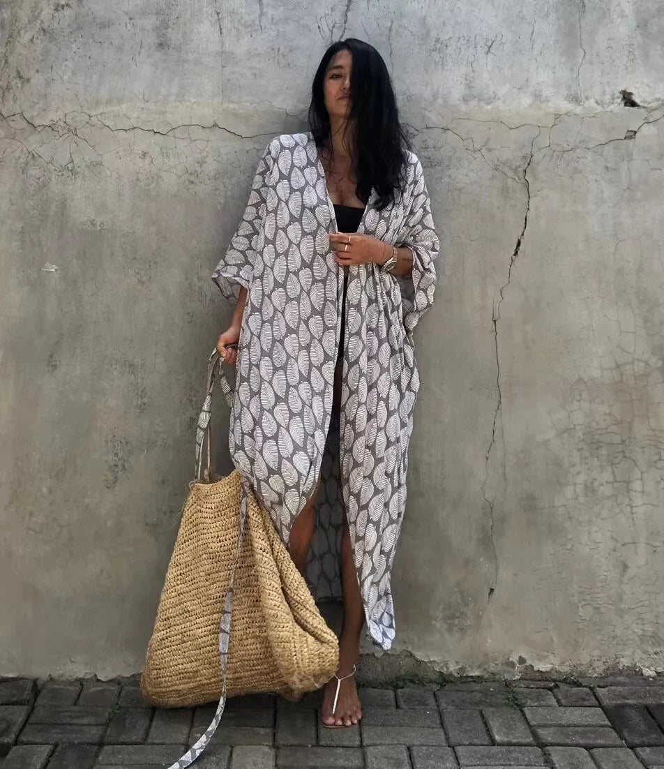 2024 New Summer Sexy Beach Kimono Swimwear Cotton Cover Up Swimsuit Women Print Bikini Cover Up Beachwear Dress Robe
