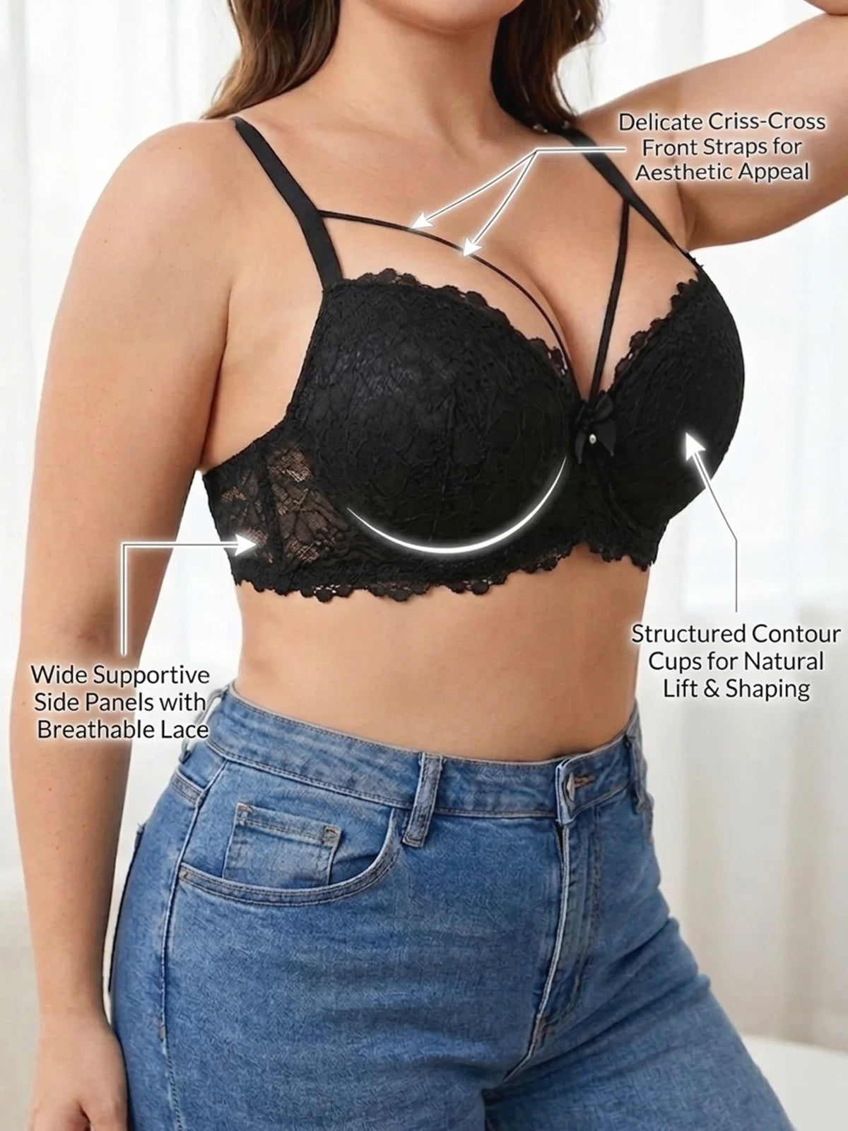 Plus Size Lace Women's Bra Thin Cup Push-up Bra Underwire Side Support Wide Strap Comfortable Bra Women