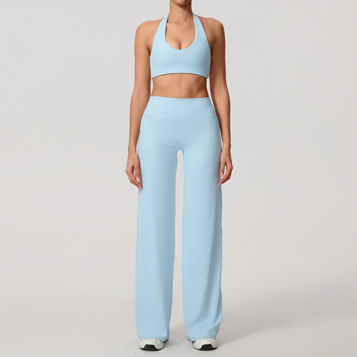Hearuisavy Summer Yoga Set 2Pcs Women Breathable Backless Halter-Neck Sports Bra Push Up Pilates Fitness Top Straight Leg Pants