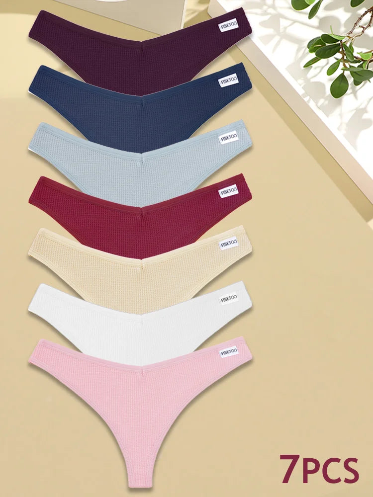 New 7Pcs Women Cotton Waffle Style G-string Panties Ladies Soft Thongs Female S-XL Low-Rise T-Back Panties Bikini Underwear 2024