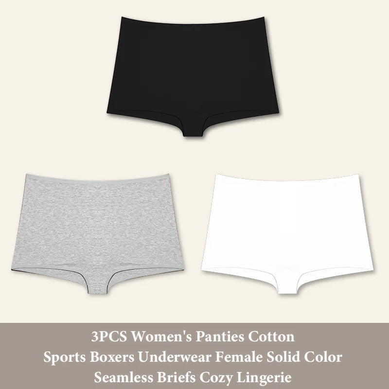 3PCS Women's Panties Cotton Seamless Sports Boxers Underwear Female Solid Color Briefs Cozy Lingerie Intimate Underpants XS-XL