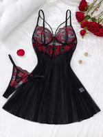 Lady's Sexy Lace Black Strapless Nightgown, Transparent Lace Nightgown, Floral Pattern with Strapless Transparent