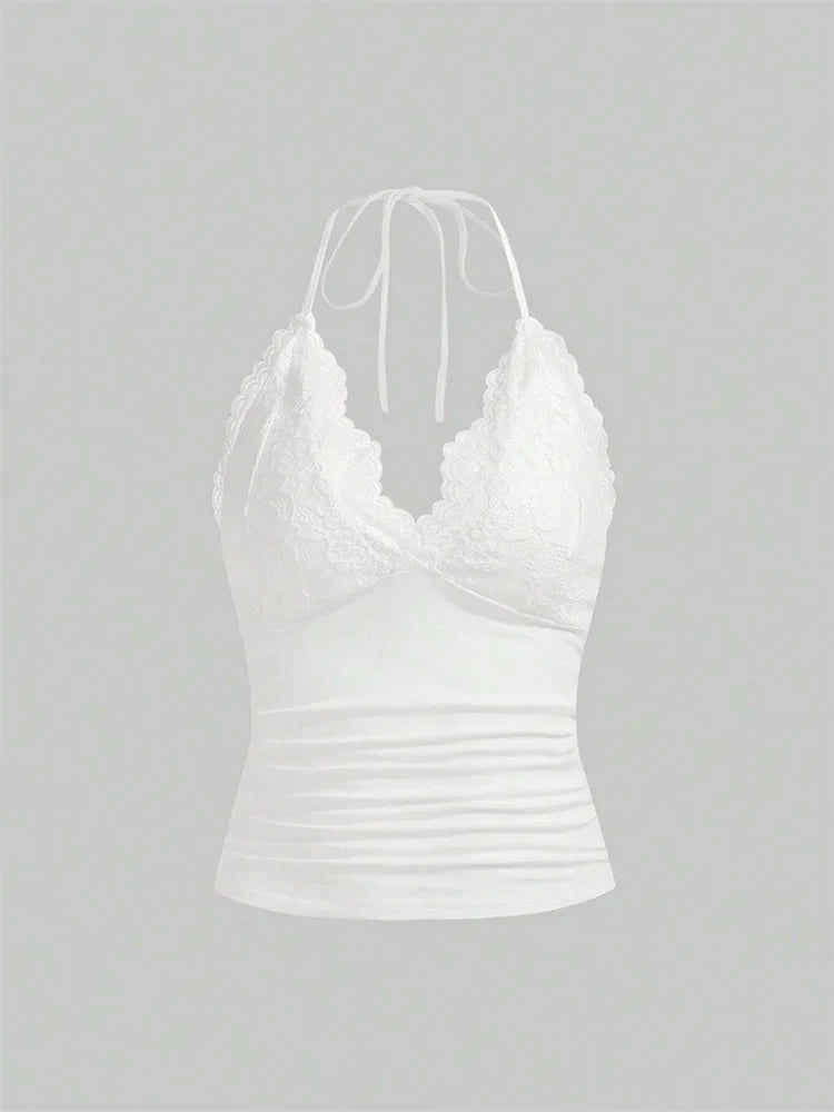 Lace V-neck Halter Top Women Summer Sexy Grunge Punk Goth Backless Ruched Crop Top Cami Top Streetwear Y2K Clothes 2024