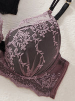 3PCS Sexy Floral Lace Women's Underwear Set Bow Push up Bra Supportive and Comfortable Unpadded Female Lace Bra