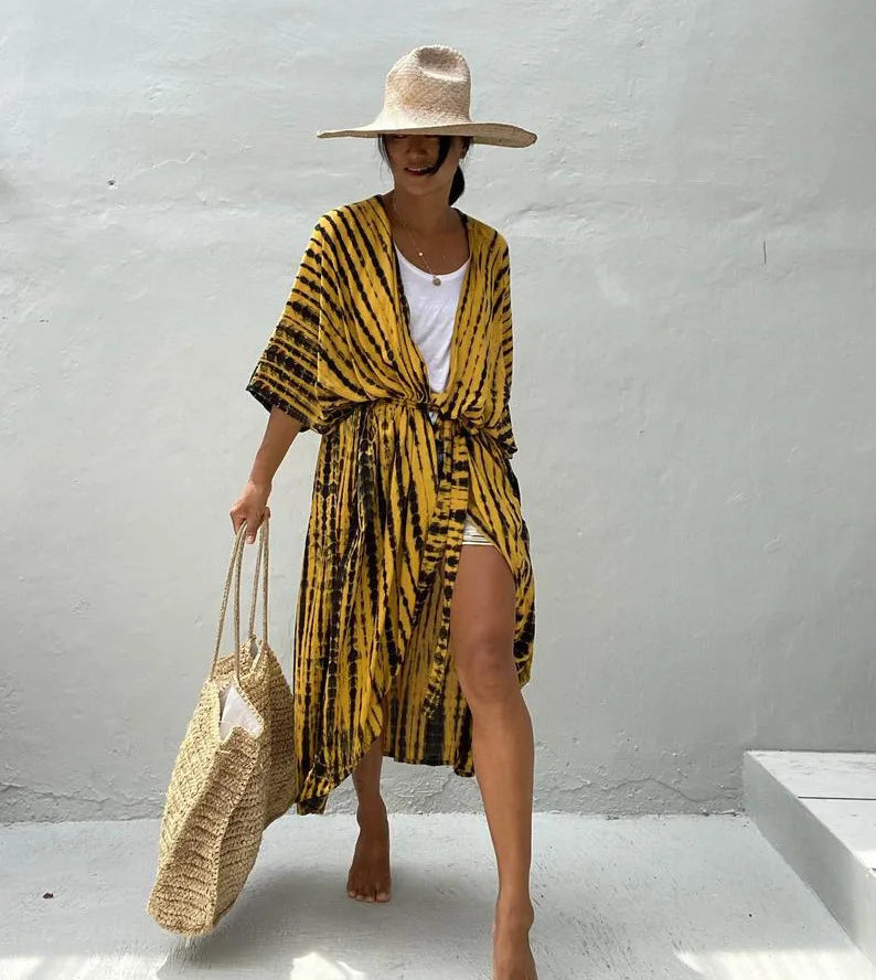 Beach Cover Ups for Swimwear Women Black Tie Dye Kimono Swimsuit Cape Summer Dress 2022 Beachwear Outfits Sales