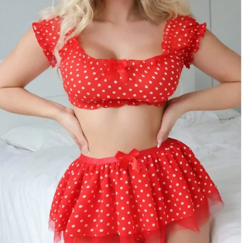 Women's EroticShort Skirt with Garter Straps Sexy Lingerie Women Sexy Polka Dot Off Shoulder Puffy Skirt PolkaExotic Set