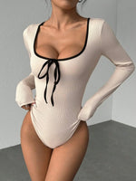 Women's Sexy U-Neck Bowknot Color Block Long Sleeve Bodysuit Casual Slim Fit Rib-knit Bodycon Spring/Fall Streetwear