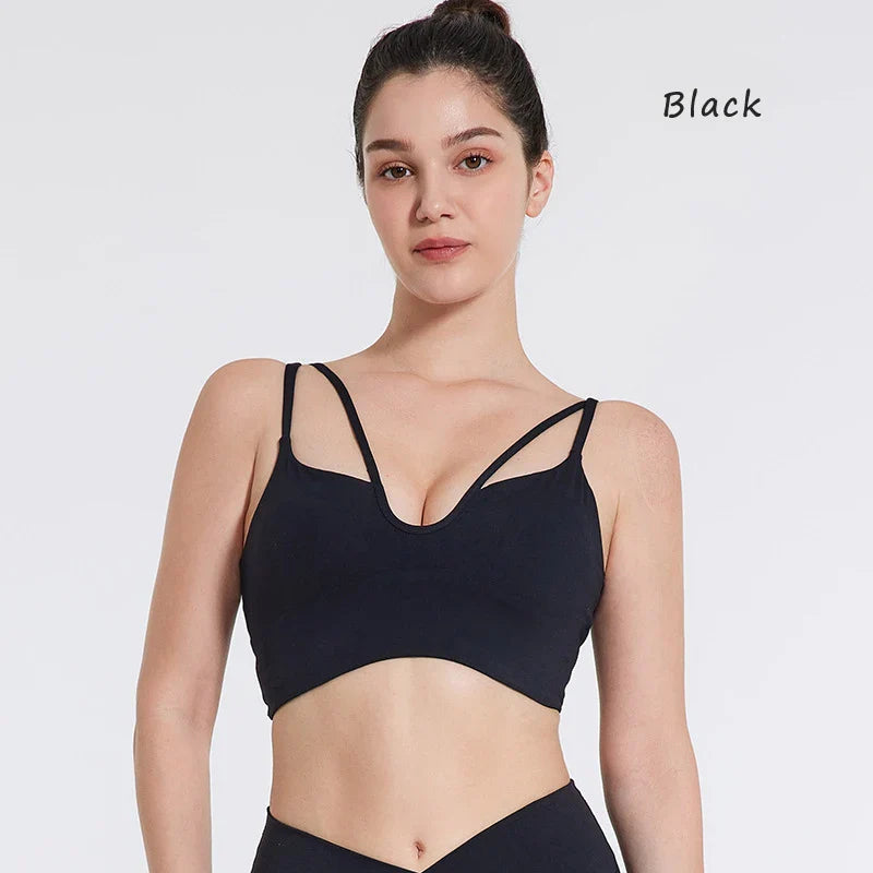 DIAS FIT JOY Women's Double Thin Shoulder Strap Yoga Vest with Chest Mat Sports Underwear V-neck Fitness Bra Yoga Back Beauty