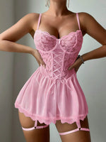 Hot Tulle Bra And Garter SetSexy Lingerie Set Transparent WomenErotic Lace Sleepwear Sexy Underwear Deep V Dress