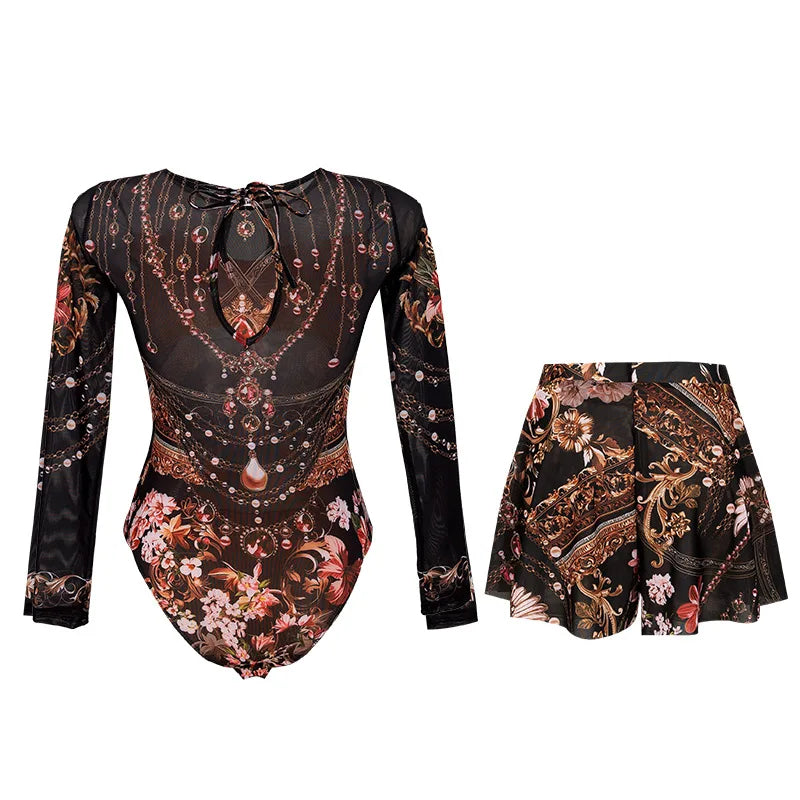 2026 Printed Long Sleeve Swimsuit Sexy Swimwear Women Backless Surf Swim Suit Slimming Bathingsuit Bikini Bodysuit Beachwear