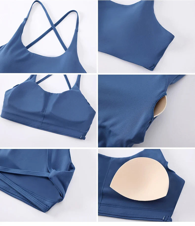 Sexy Soft Fitness Sport Bra Spaghetti Strap Cross Back Hollow Women Top Tight Gym Yoga Underwear Athletic Workout With Chest Pad